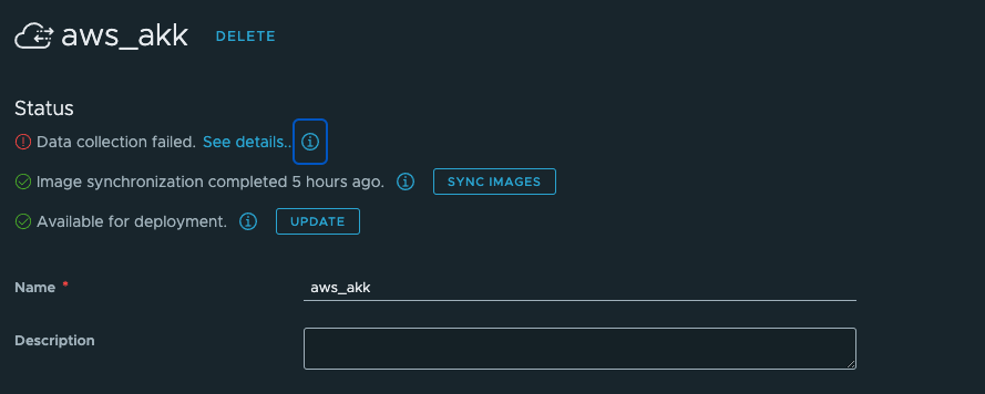 Captura de tela de uma página de conta de nuvem mostrando as informações de status na parte superior da página.