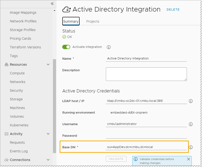 A guia Resumo do Active Directory mostrando os valores de DN Base de ou=AppDev,dc=cmbu,dc=local.