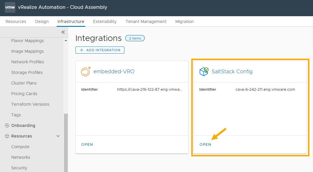 Selecionar a integração com o SaltStack Config