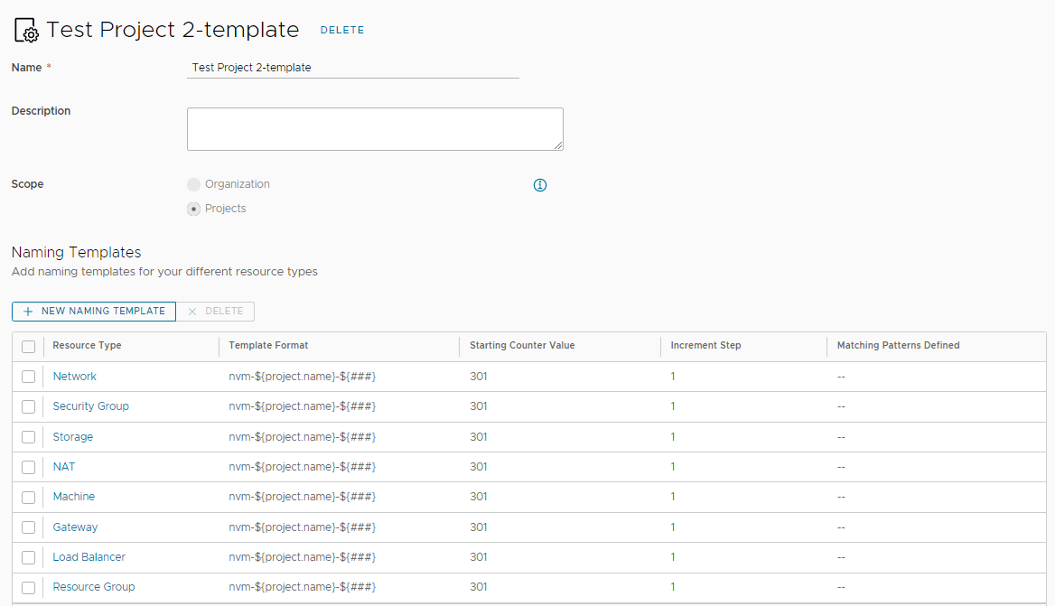 Captura de tela dos detalhes do nome personalizado para um modelo com o formato de modelo para os tipos de recursos.