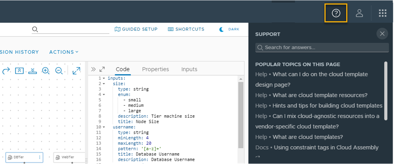 Exemplo do painel de suporte com uma lista de tópicos relacionados à página atual na interface do usuário.