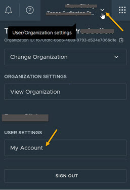 Abra o painel de configurações do usuário/organização e selecione Minha Conta.