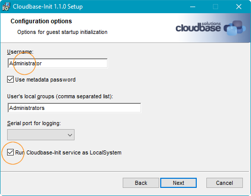 Página de conta do assistente de instalação Cloudbase-Init