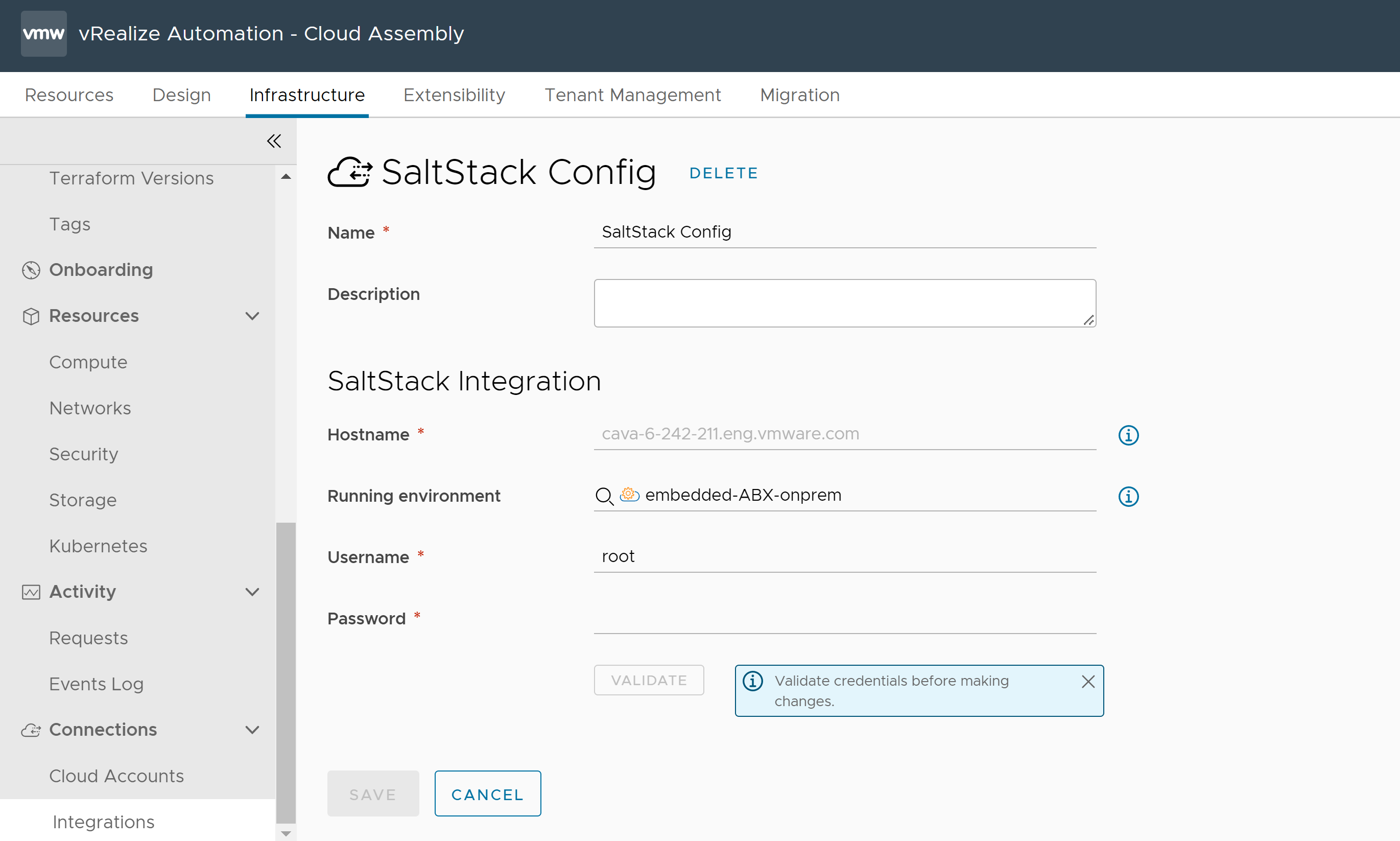 Captura de tela da integração do SaltStack Config no Cloud Assembly