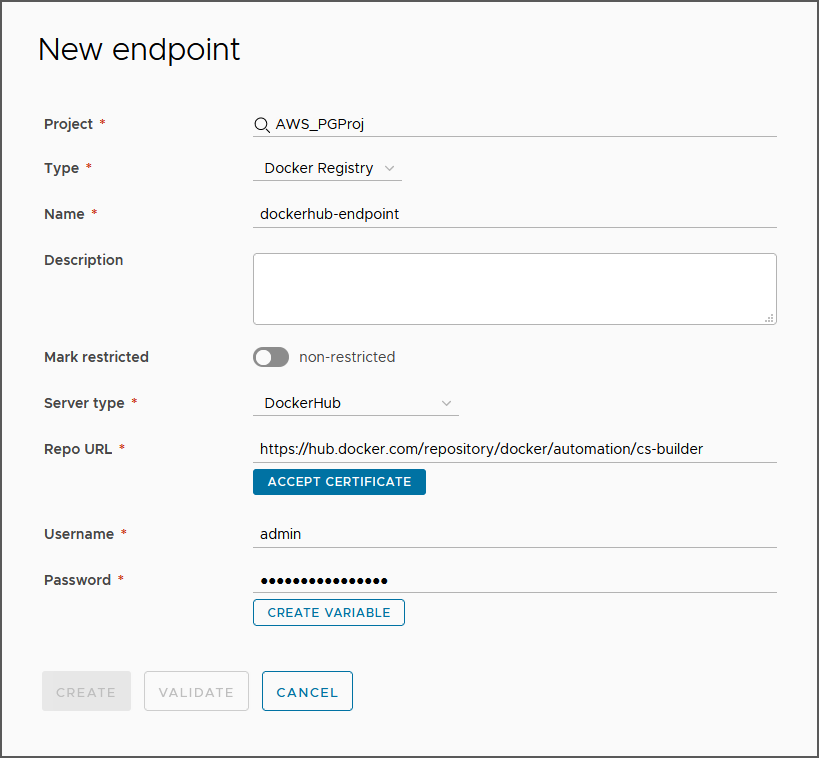 Ao adicionar um endpoint do Registro Docker, é importante aceitar o certificado porque o endpoint pode exigi-lo.