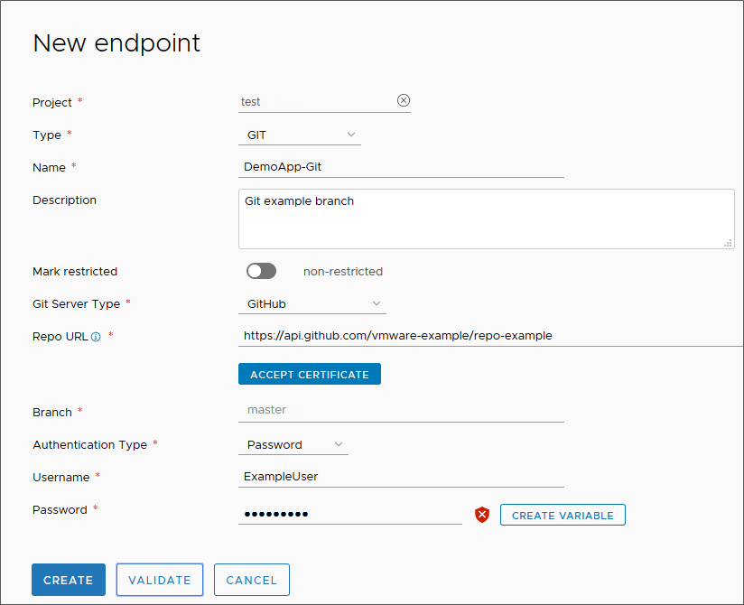 Quando você adiciona um endpoint Git, a definição do endpoint é concluída depois que você insere as informações, valida o endpoint e clica em Criar.