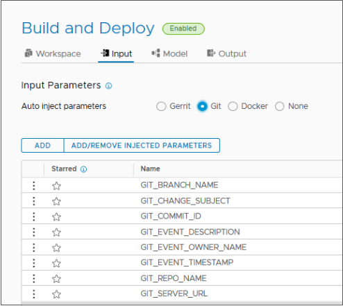 Ao configurar seu pipeline para usar o gatilho para Git, você configura os parâmetros de entrada na guia Entrada.