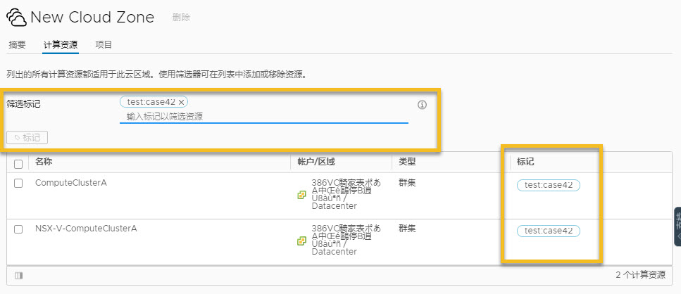 标记筛选器与 2 个计算资源的标记匹配的云区域屏幕