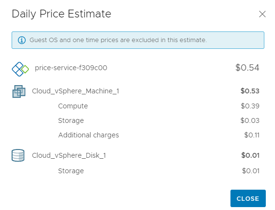 显示 vSphere 计算机和存储磁盘的“每日价格估算”页面示例，其中每日价格估算值为 0.54 美元。