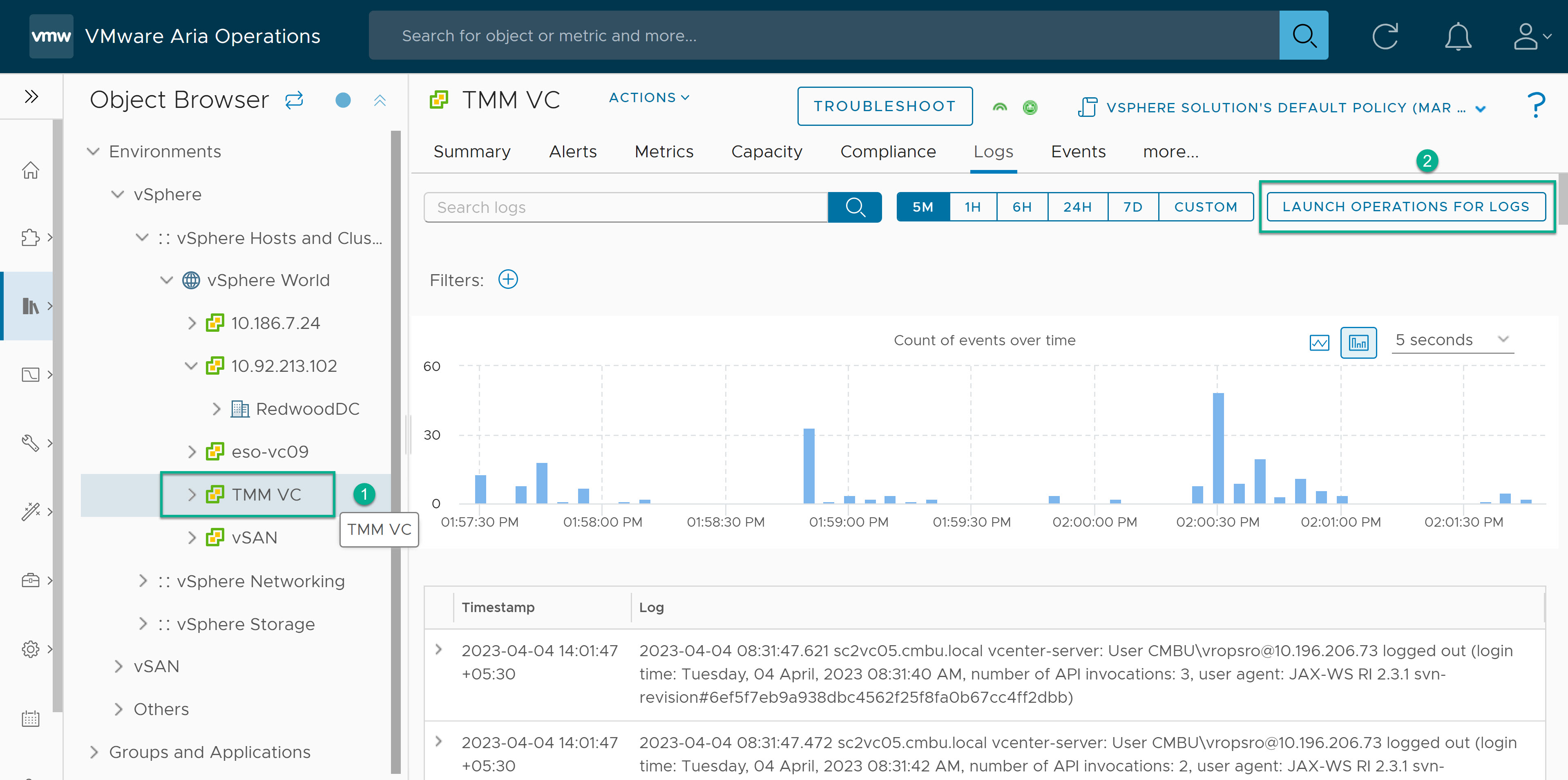 “在环境中启动”选项，用于在 VMware Aria Operations for Logs 上查找选定对象的日志事件