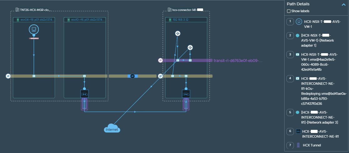 显示源虚拟机位于 Azure VMware 解决方案站点上，目标虚拟机位于 VMC 站点上的 VMware HCX 虚拟机-虚拟机路径。