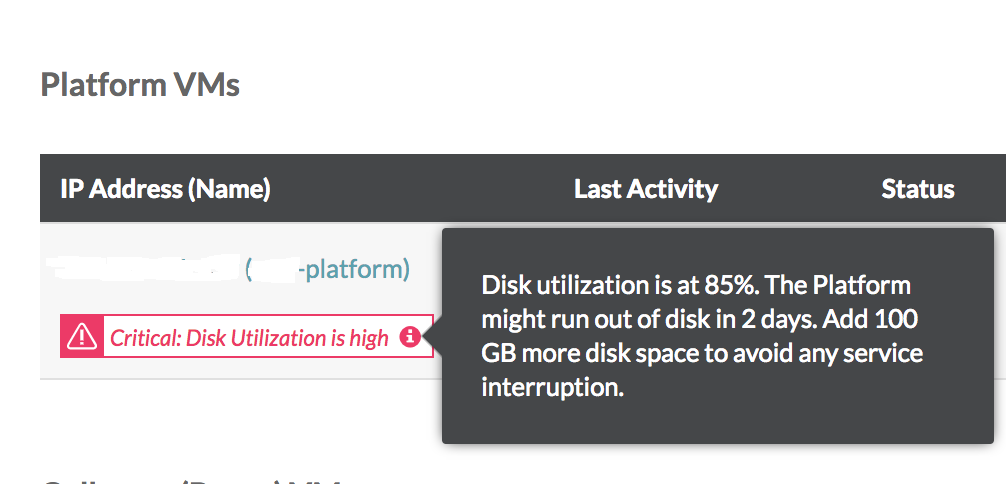 VMware Aria Operations for Networks 用户界面上的磁盘利用率警示示例。