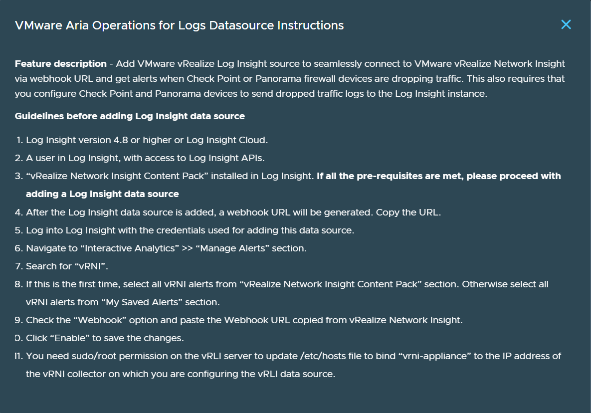 VMware Aria Operations for Networks 上的弹出窗口，其中显示了添加 VMware Aria Operations for Logs 数据源的必备条件。