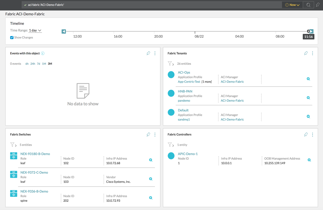 Cisco ACI 结构层的搜索结果，其中显示了有关 ACI 结构层中租户和控制器的信息。