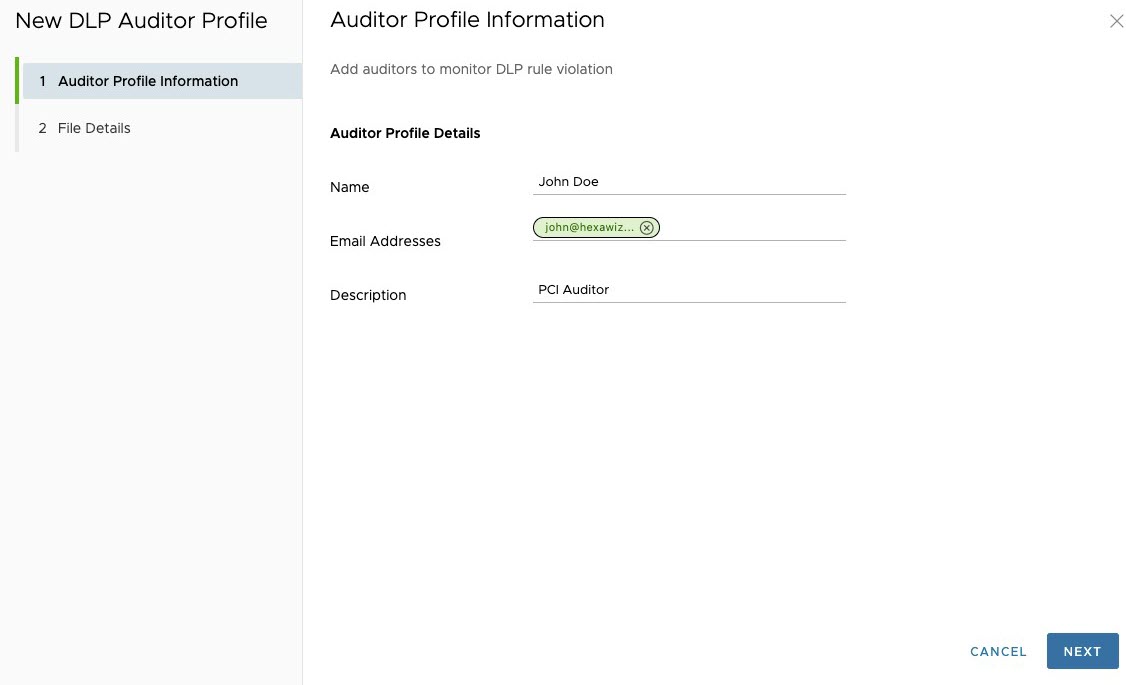 新建 DLP 审核员配置文件 (New DLP Auditor Profile) > 审核员配置文件信息 (Auditor Profile Information) 配置屏幕。