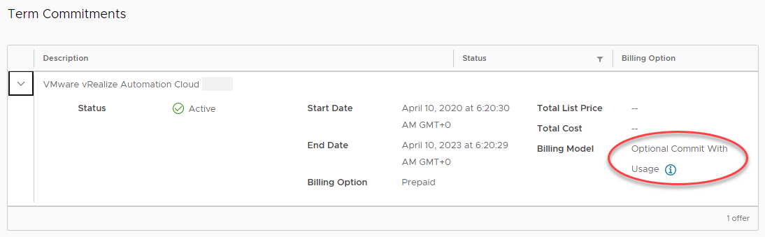 “订阅”详细信息页面的“期限承付”部分显示计费模式。