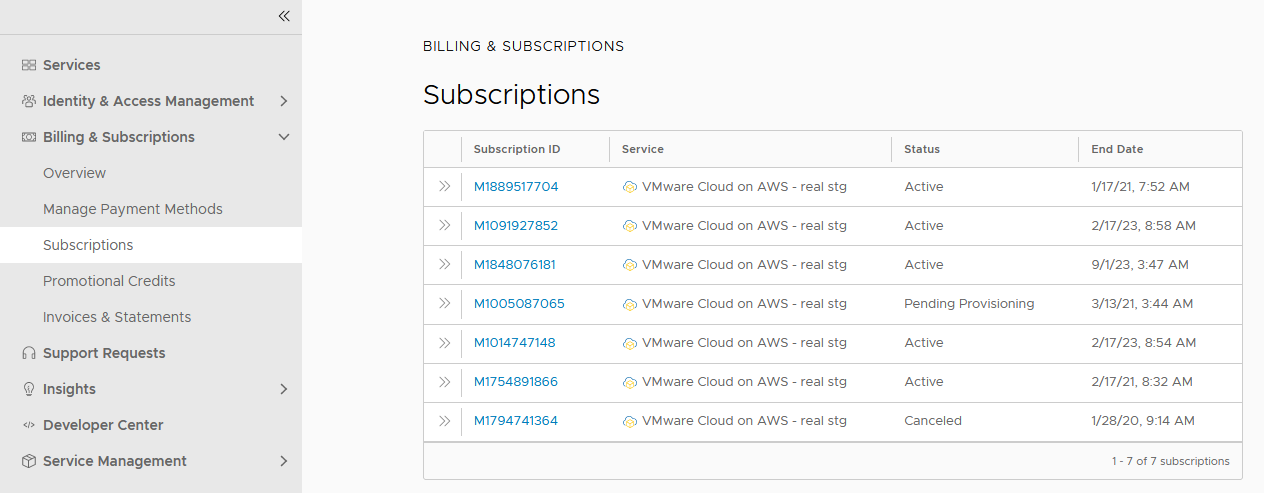 一个说明 Cloud Services 控制台中“订阅”页面的示例，其中显示了组织中的多个订阅。