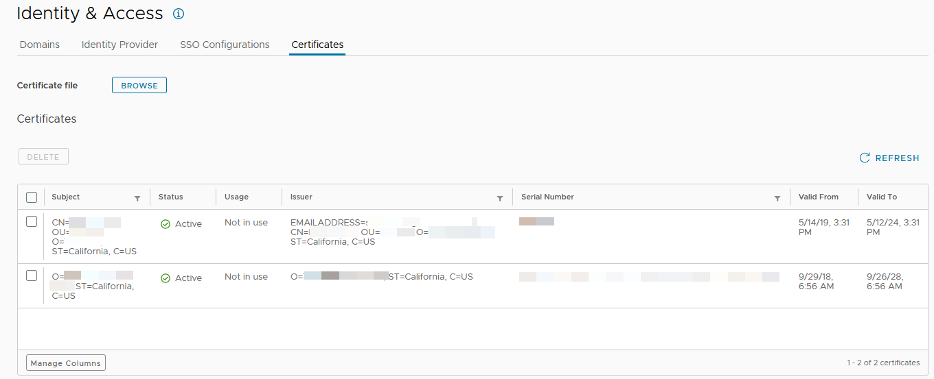 用于 LDAPS 的 PEM 证书所在的“证书”页面。屏幕截图中包含两个 PEM 证书。