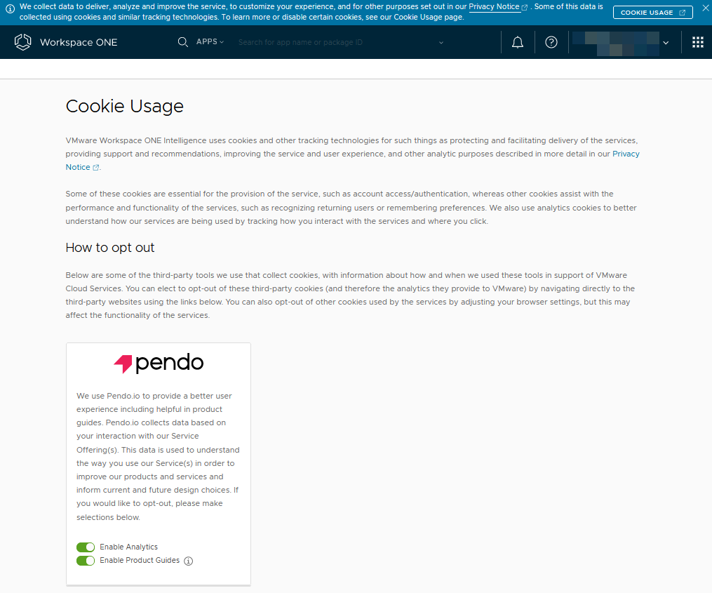Worksapce ONE Cloud Admin Hub 控制台，其中显示了“Cookie 使用情况”页面，该页面包含一个横幅，告知您有关 Cookie 使用情况的信息。该页面包含有关 Cookie 使用情况的文本，并提供了可以打开或关闭的“启用分析”按钮和“启用产品指南”按钮。