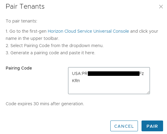 “配对租户”窗口的屏幕截图，并在“配对代码”字段中包含编辑的代码。