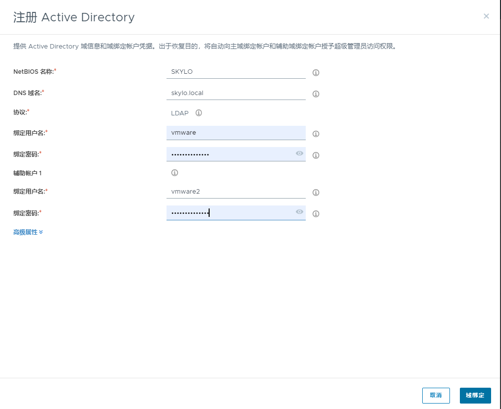 “注册 Active Directory 域”窗口的屏幕截图，其中的字段已使用我们的 PoC 值进行填充。