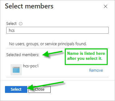 此屏幕截图显示了“选择成员”窗格，其中应用程序注册作为选定成员，并且有绿色箭头分别指向选定成员和“选择”按钮。