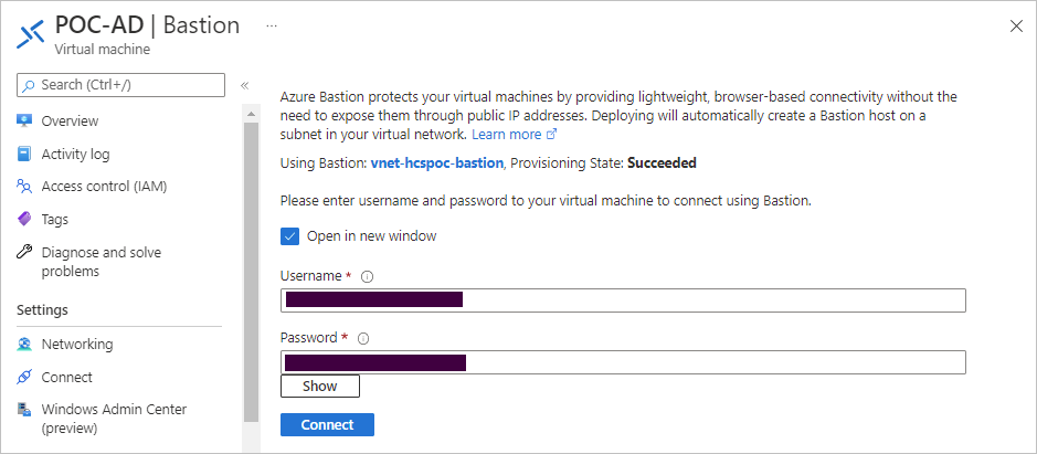 此屏幕截图显示了 Azure 门户中用于使用 Bastion 和虚拟机的管理员凭据连接到 Active Directory 虚拟机的 UI。