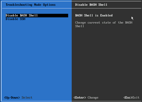 vCenter Appliance 控制台中的“故障排除模式选项”屏幕显示已启用 BASH Shell。