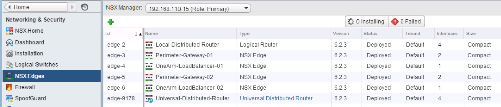 “NSX Edge”页面显示已部署的 DLR 和 ESG 的列表。