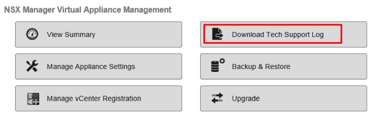 NSX Manager UI 中突出显示了“下载技术支持日志”选项卡。