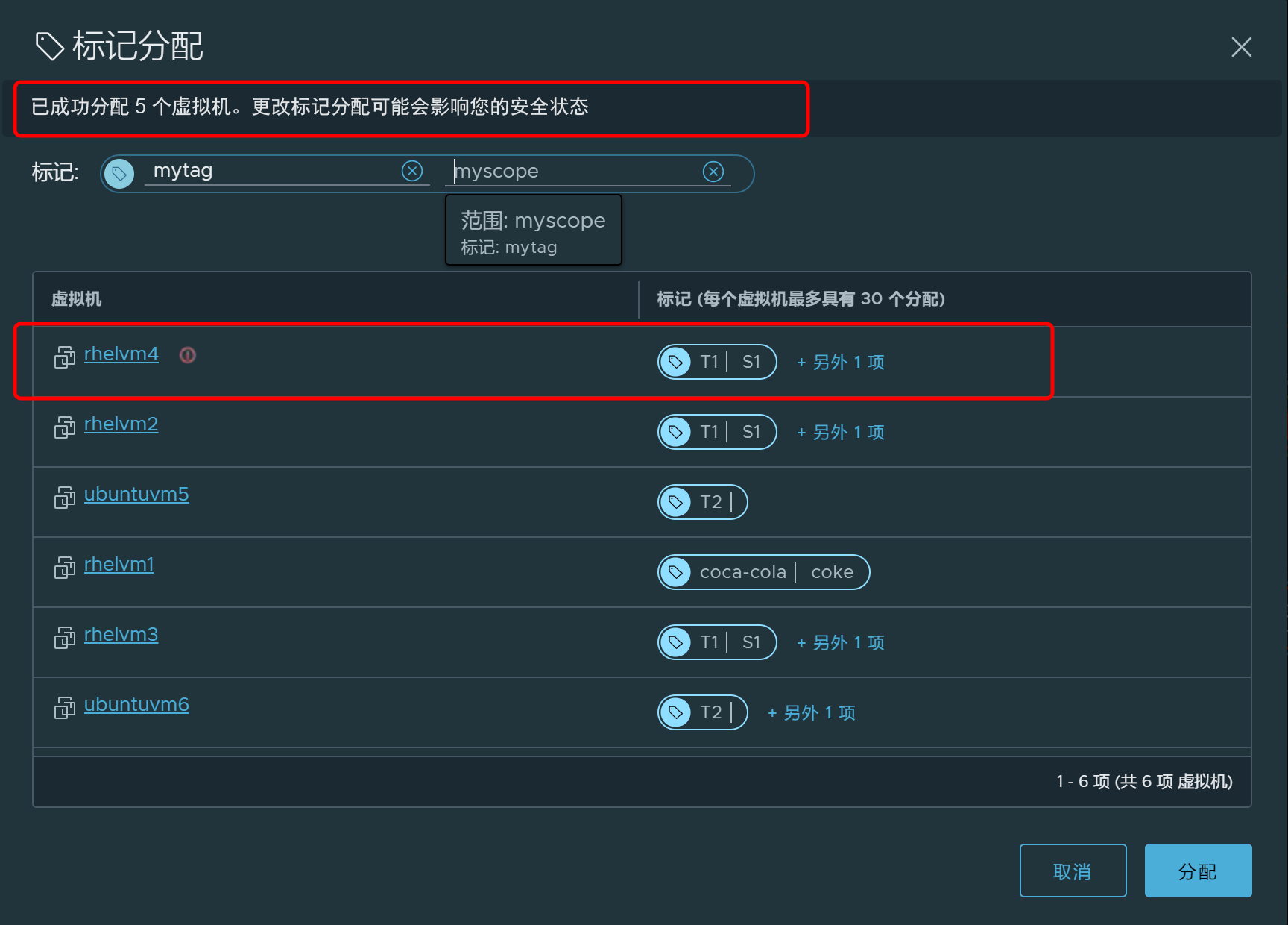 Tag Assignment dialog box when an error occurs during multi-VM tag assignment.