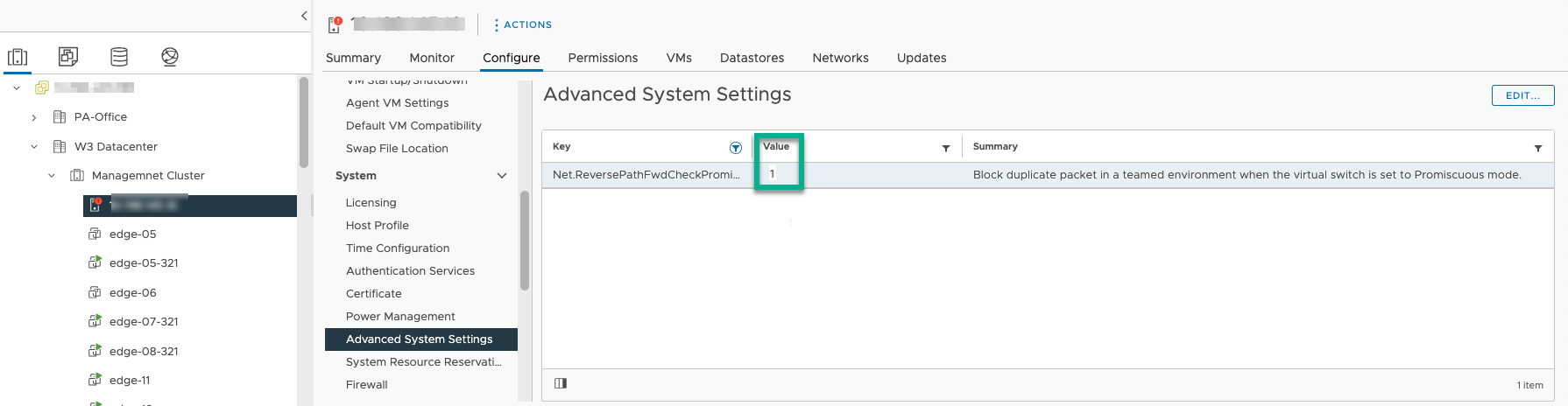 Net.ReversePathFwdCheckPromisc 值设置为 1 的 vCenter 高级系统设置