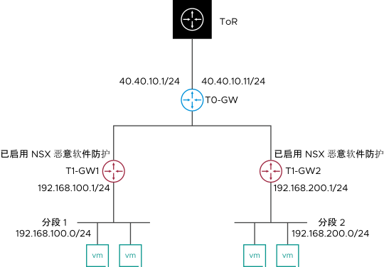 两个 Tier-1 网关与一个 Tier-0 网关连接的网络拓扑。