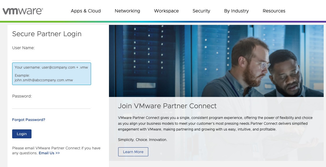 网站：VMware Partner Connect 的“登录”页面