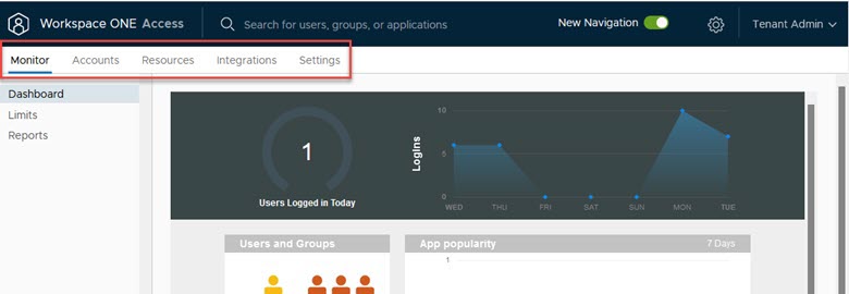 新 Workspace ONE Access 管理控制台中的菜单栏