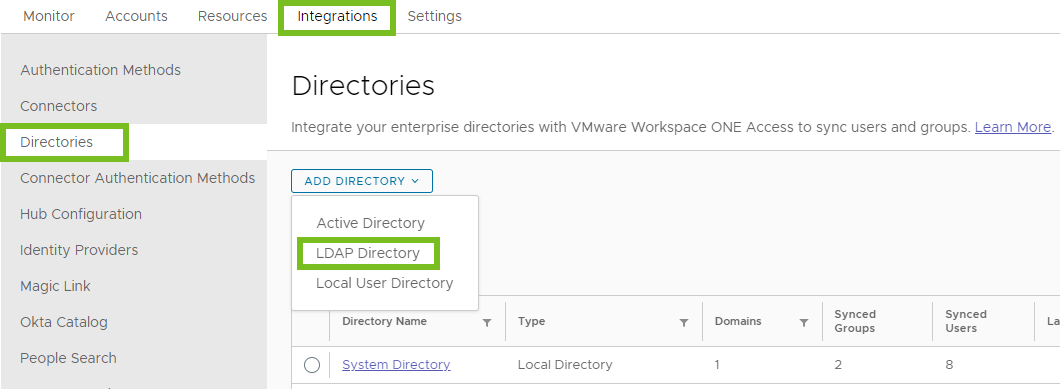 “添加目录”下拉菜单选项是“Active Directory”、“LDAP 目录”和“本地用户目录”。