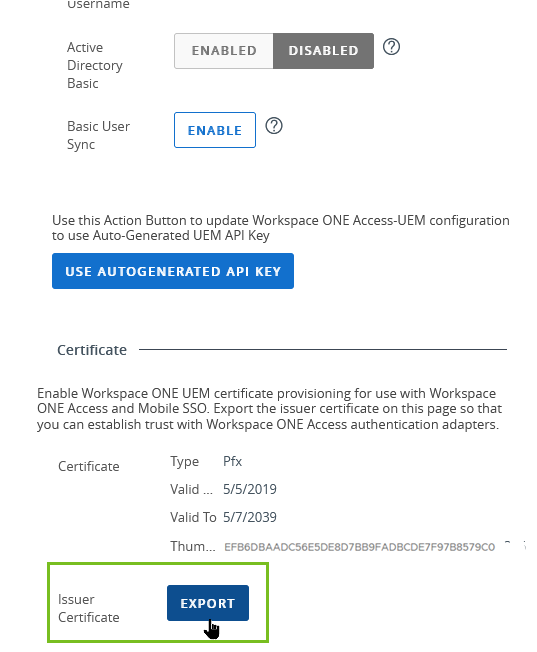 Workspace ONE UEM Console 中的 Workspace ONE Access 配置页面，证书导出示例