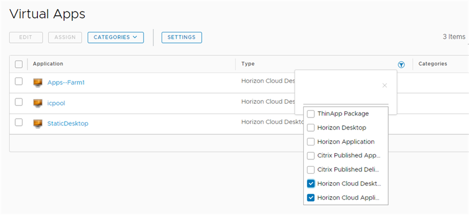 “虚拟应用程序”页面仅显示 Horizon Cloud 桌面和 Horizon Cloud 应用程序类型的应用程序。