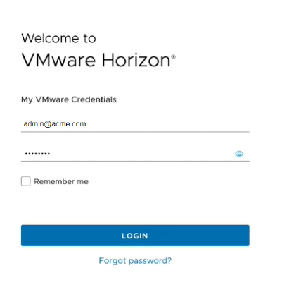 在 Horizon Universal Console 中输入您的 My VMware 凭据，以便将 Horizon Cloud 环境与 Workspace ONE Intelligence 连接。