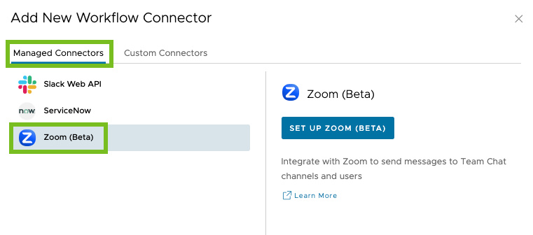 在“受管连接器”选项卡上，选择 Zoom 连接器。