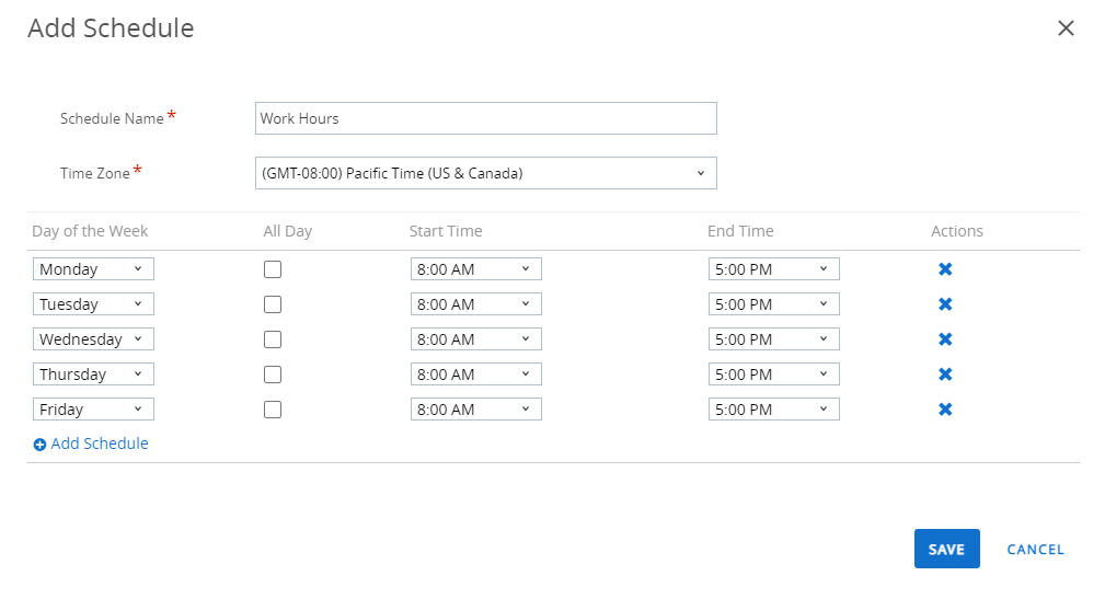 此屏幕截图显示了“添加时间表”屏幕，您可以通过该屏幕制定时间表来安装和应用配置文件。