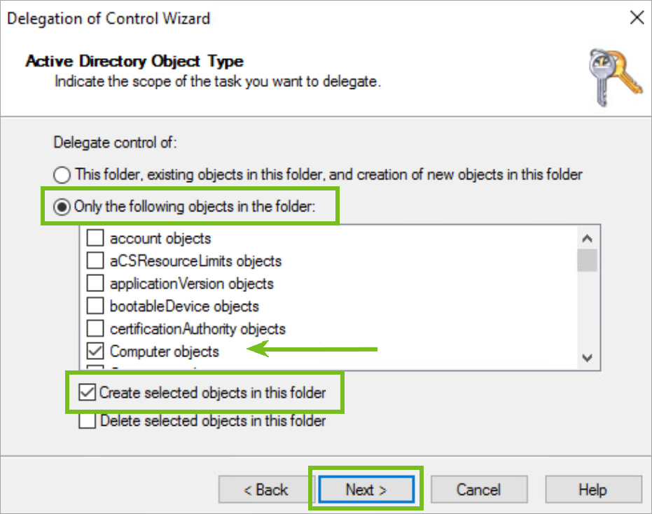 “控制委派”窗口显示选择的“仅限此文件夹中的下列对象”，并选中此文件中的“计算机对象”和“在此文件夹中创建所选对象”选项，然后选择“下一步”。