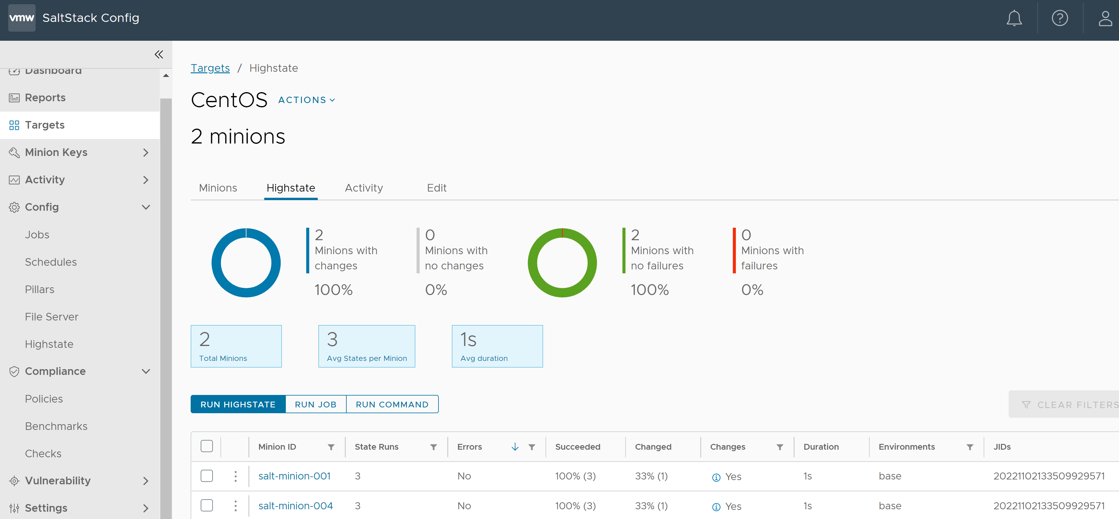 SaltStack Config 中 CentOS 目标组先前的 Highstate 运行