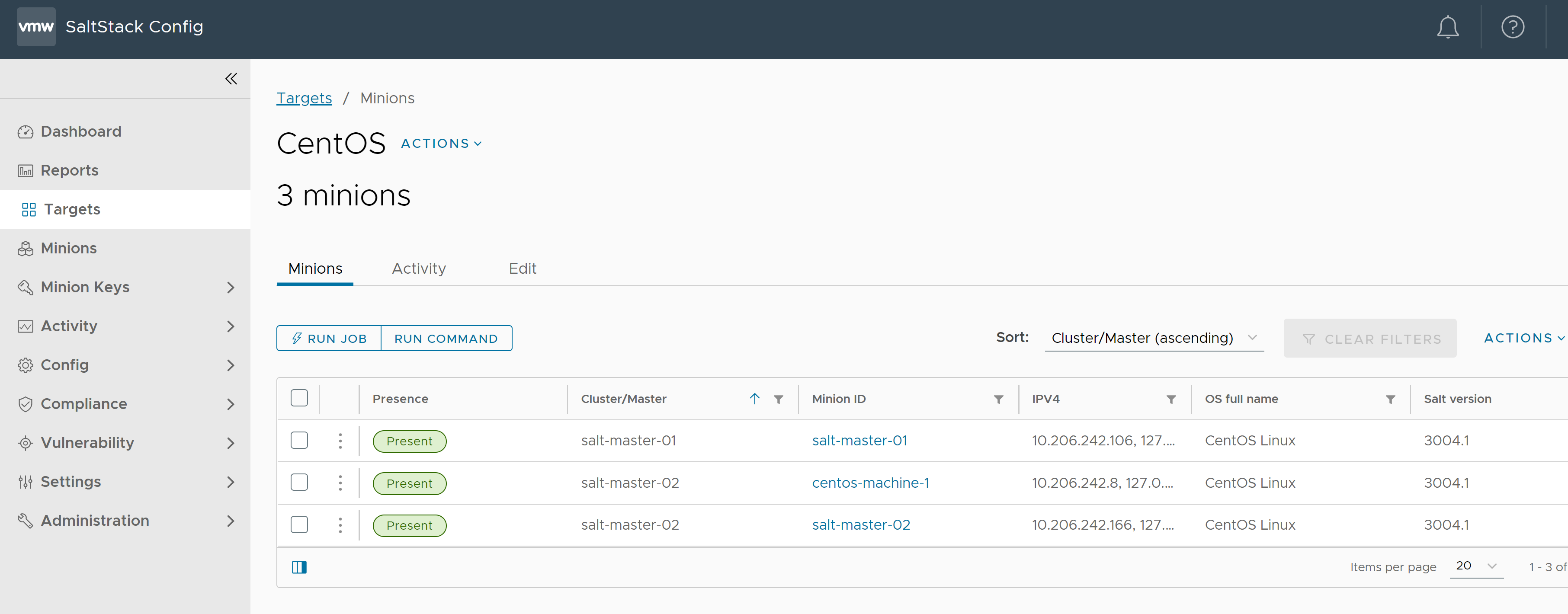 CentOS 目标组的工作节点列表屏幕截图