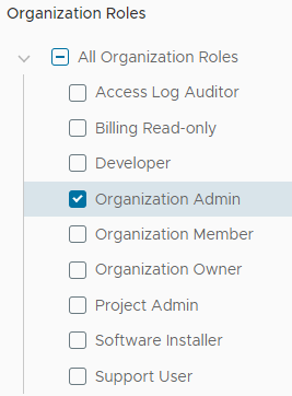 在“生成新 API 令牌”页面上选中“组织管理员”角色