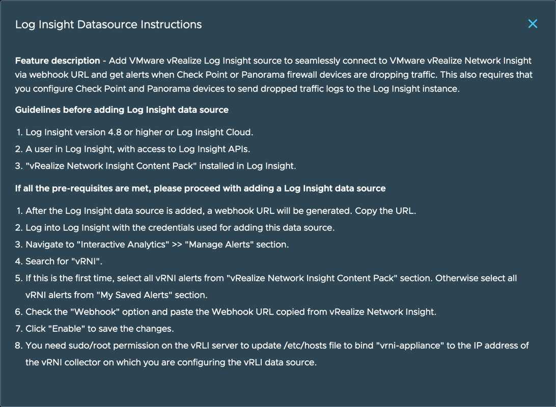 vRealize Network Insight 上的弹出窗口，其中显示了添加 vRealize Log Insight 数据源的必备条件。