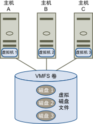 该图显示由多台服务器访问的单个 VMFS 数据存储。