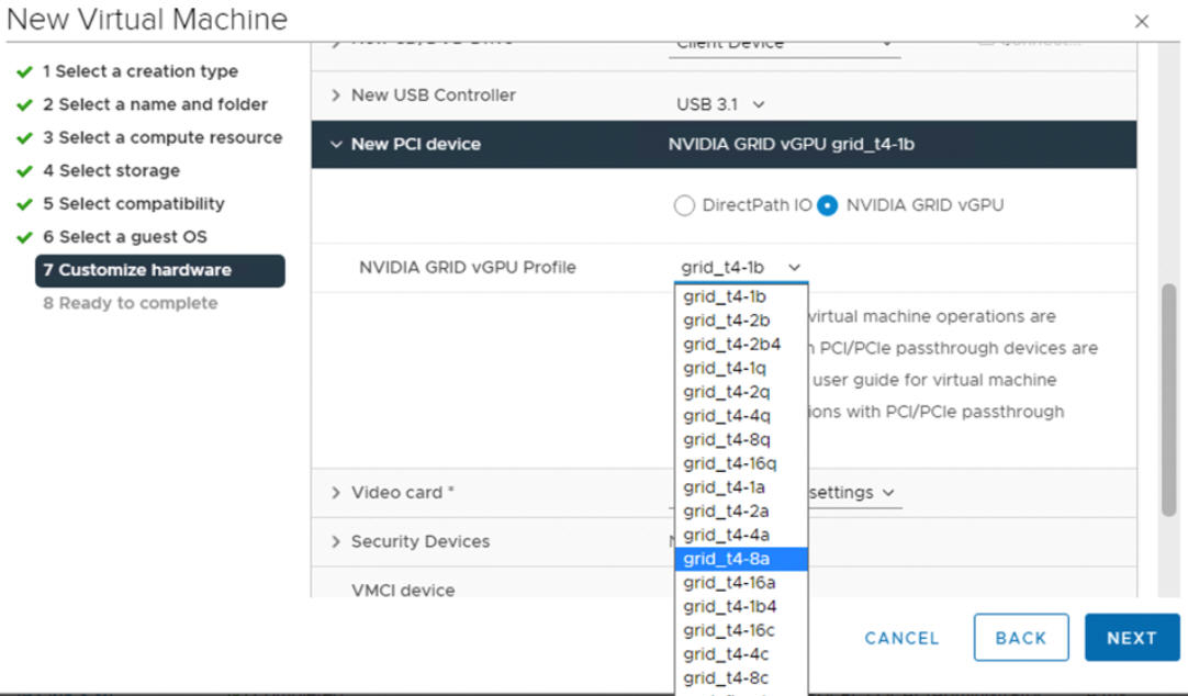 “自定义硬件”选项卡，其中选中 NVIDIA vGPU 配置文件。