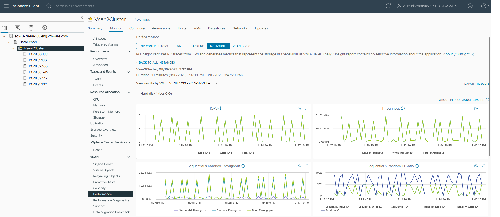 vSAN IOInsight 显示所选虚拟机的衡量指标。