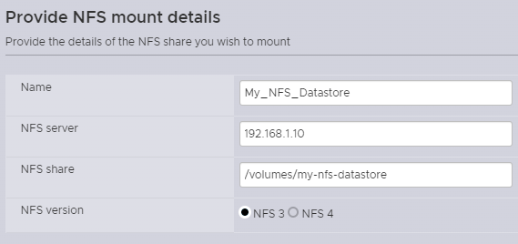 用户在提供 NFS 挂载详细信息时应输入的信息的示例